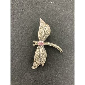 Vintage Sterling Silver Dragonfly Brooch/Pin Marcasite with Pink Stone